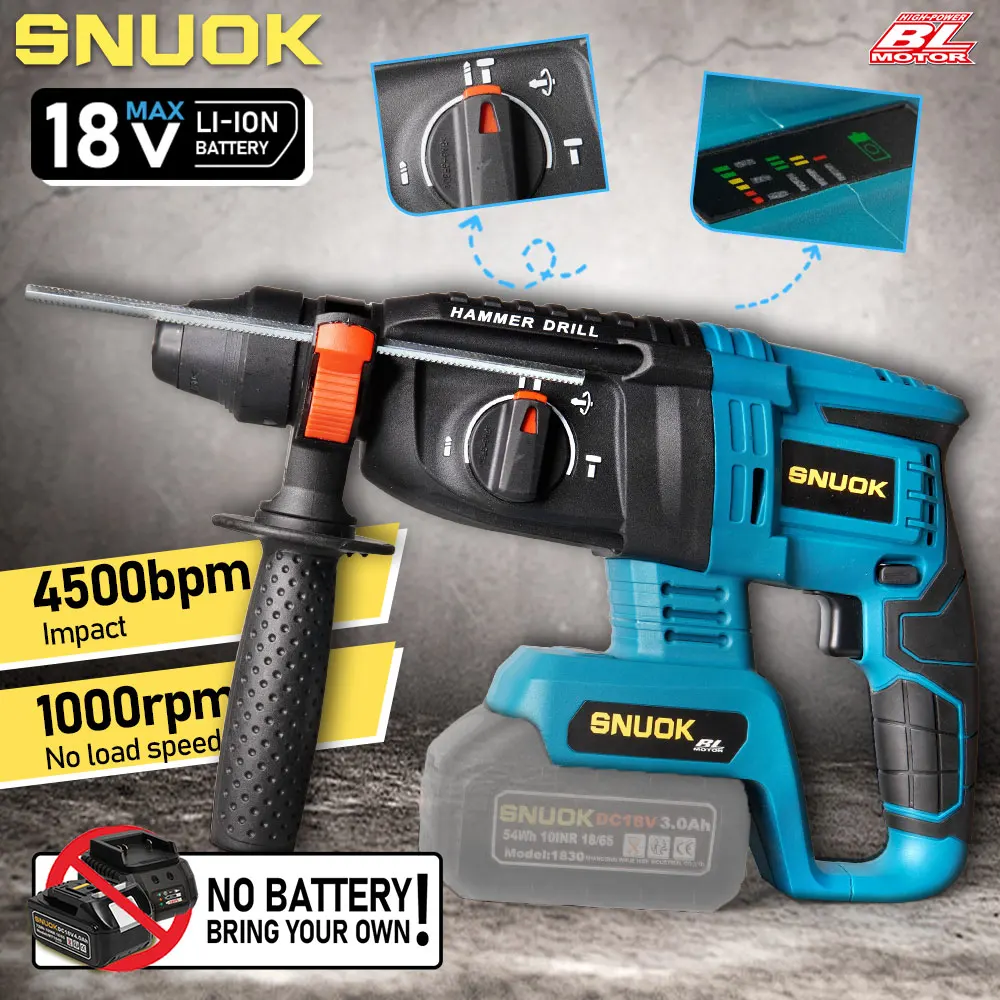 Bor Palu Putar Tanpa Kabel SNUOK Bare Machine Brushless Rotary Hammer, Perkakas Listrik Rumah Tangga, Bor Impak Genggam untuk Baterai Lithium Makita 18V