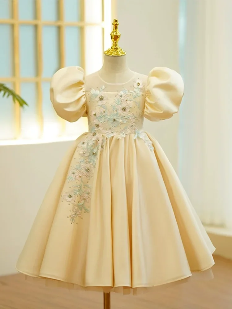 Luxury Champagne Dress for Young Girls Baby Flower Girls Tulle Dresses for Weddings Children Birthday Formal Partywears Gown