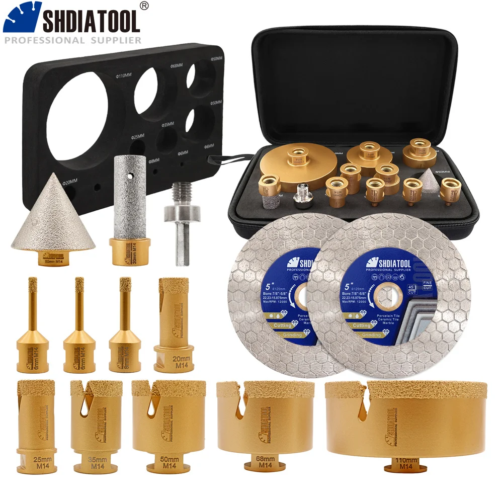 SHDIATOOL 14 pièces : Forets diamantés (6-110mm), Kits de forets à noyau, Embout de chanfreinage 50mm, Fraise, Disque de coupe 125mm, Outil pour carrelage M14