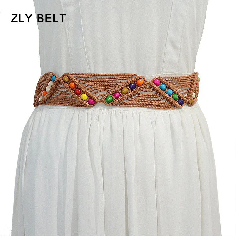 2024 New Fashion Waistband Women Lady Casual Decorative Bead 105CM Hand Woven Waist Belt Rope Vintage Elastic Versatile Corset