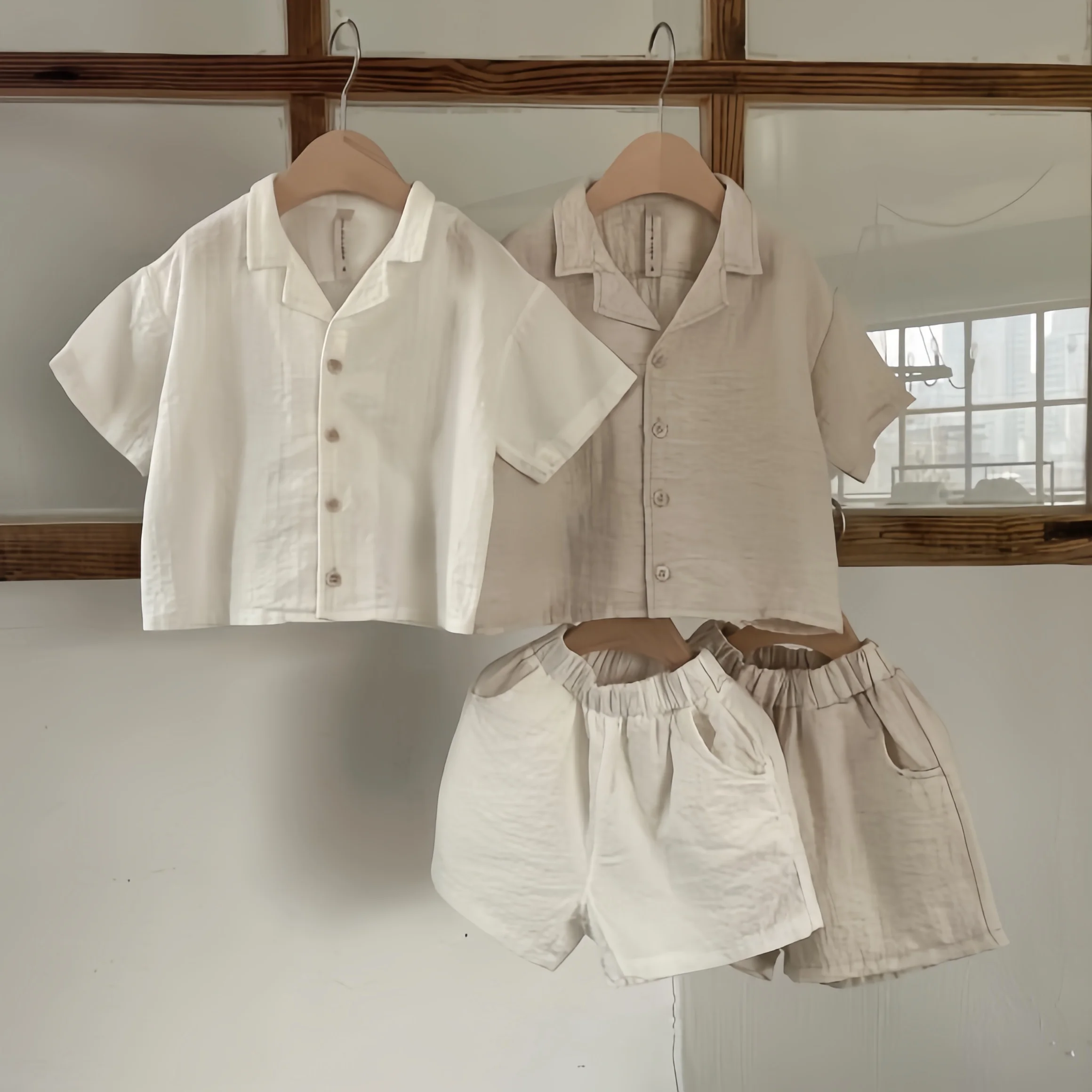 2025 New Summer Baby Shirt Clothes Set Cotton Infant Solid Lapel Shirts + Shorts Boys Girls 2Pcs Suit Toddler Kids Casual Outfit