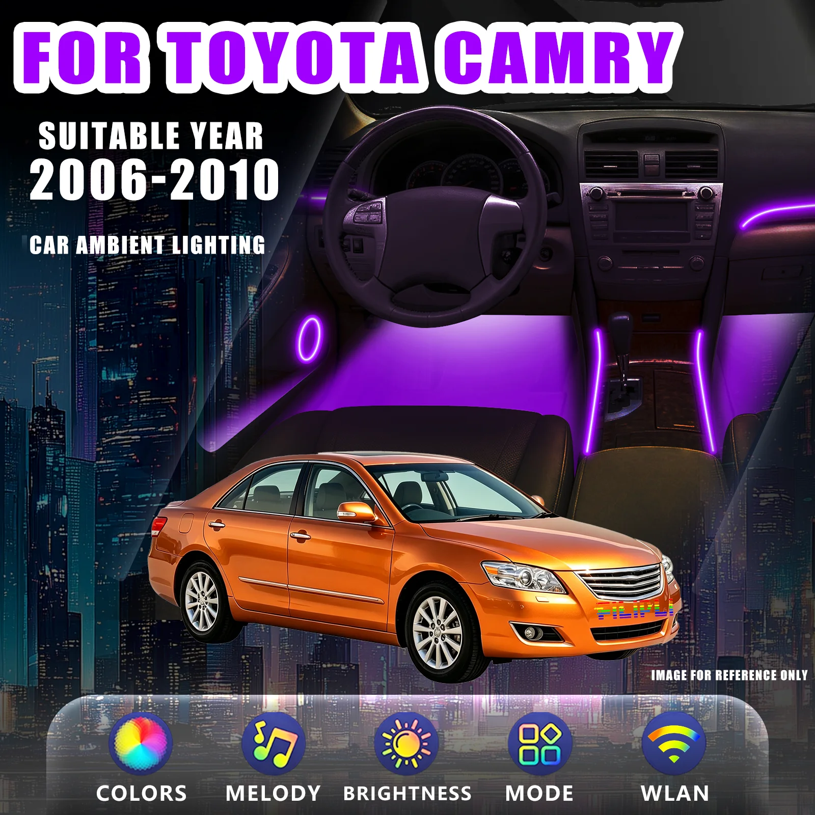 FOR TOYOTA Camry 2006-2010 Year RGB 6 Lights Car Ambient Light Kit Stepless Brightness Adjustment Multi Preset Lighting Mode Car Footwell Lights Interior Automotive Modification Replacement Accessory