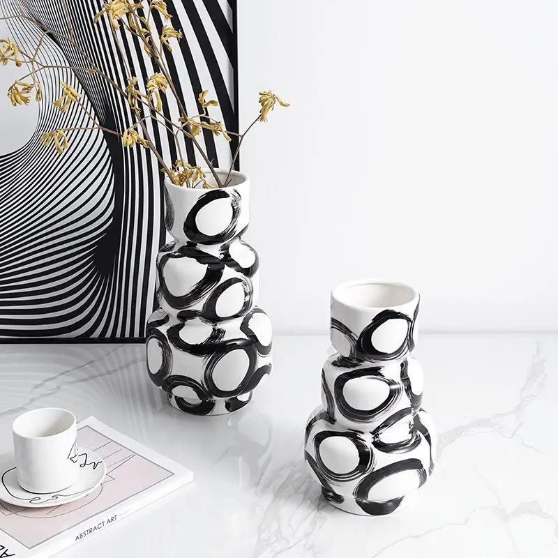 Ceramic Vase Abstract Ink Pattern Geometric Stacked Vases Art Ornament Flower Pot Floral Arrangement Home Decoration