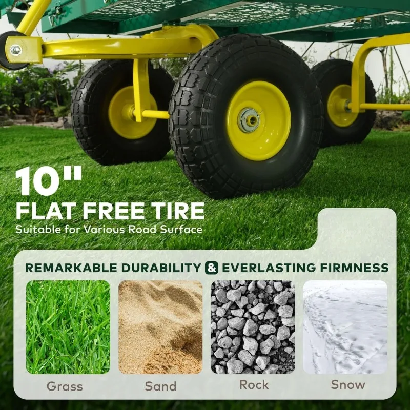 Metalen zwarte tuinwagen, met 180 °   Verstelbare gele handgreep, met mat en riem, robuuste capaciteit van 880 lbs, met 10” plat-fre