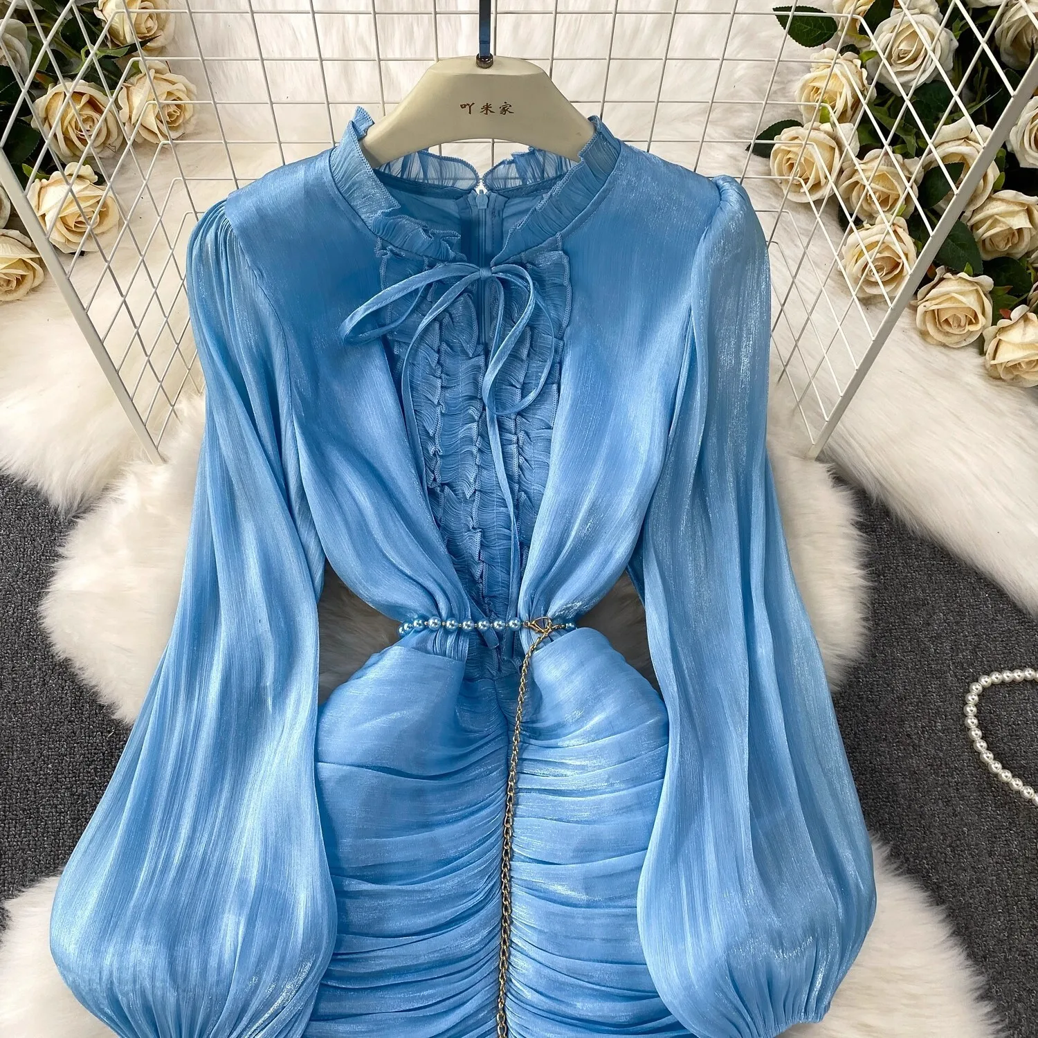 Elegant Autumn Ruffles Long Sleeve Maxi Mermaid Dress Women Hollow Out Casual Satin Fishtail Cake Dresses Prom Evening Vestidos