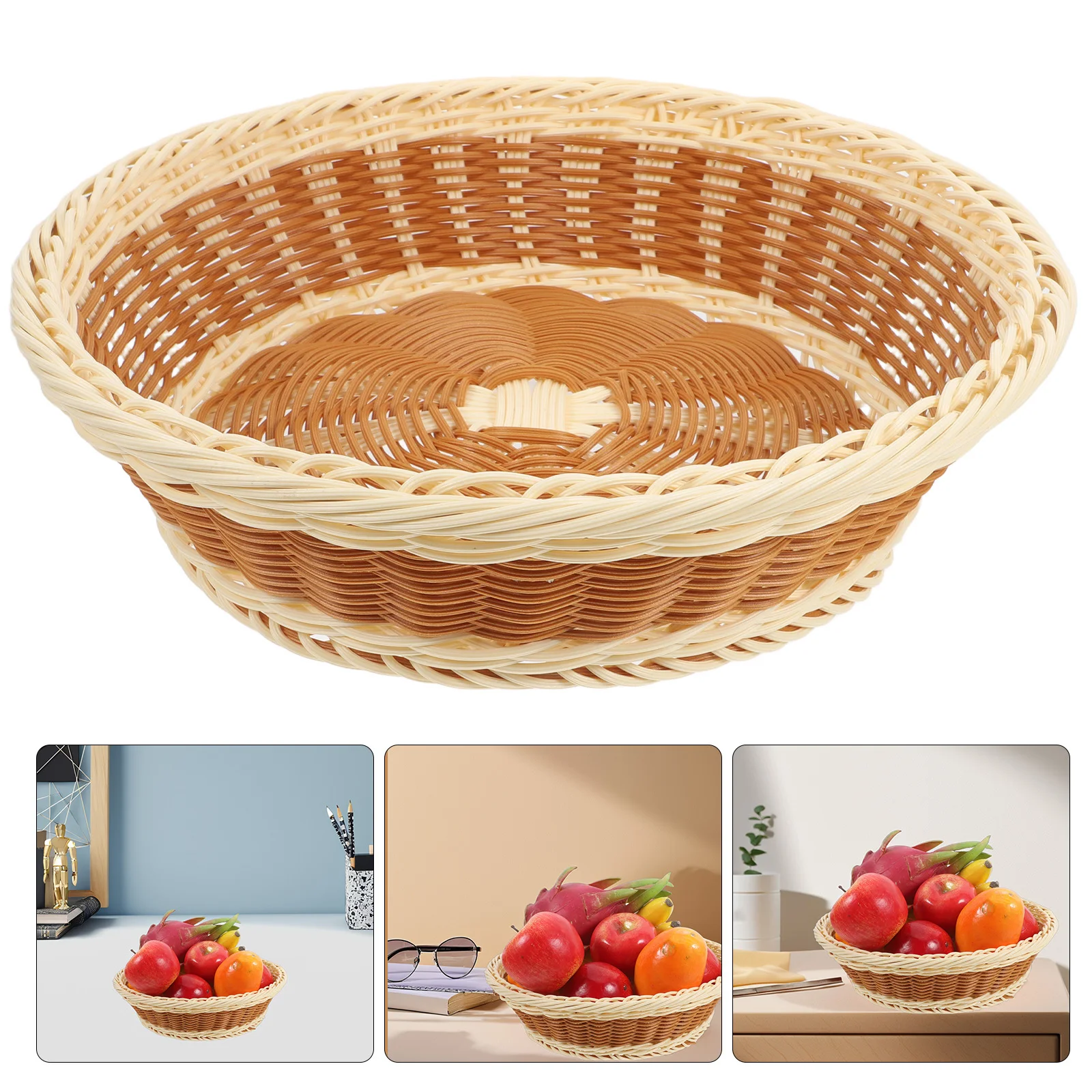 

Imitation Rattan Round Basket 30cm Durable Woven Bread Fruit Vegetable Storage Serving Basket for Kitchen Home Dining
