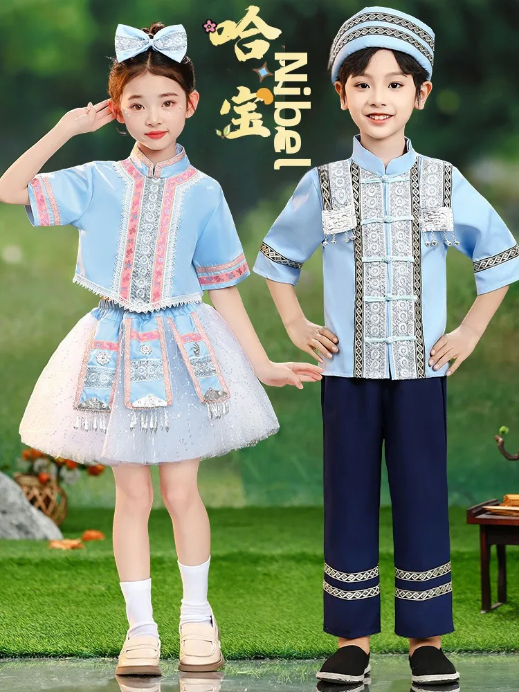 

Детская этническая одежда для выступлений: костюм для девочек в стиле национальных меньшинств Хань и Чжуан, сценический костюм для малышек