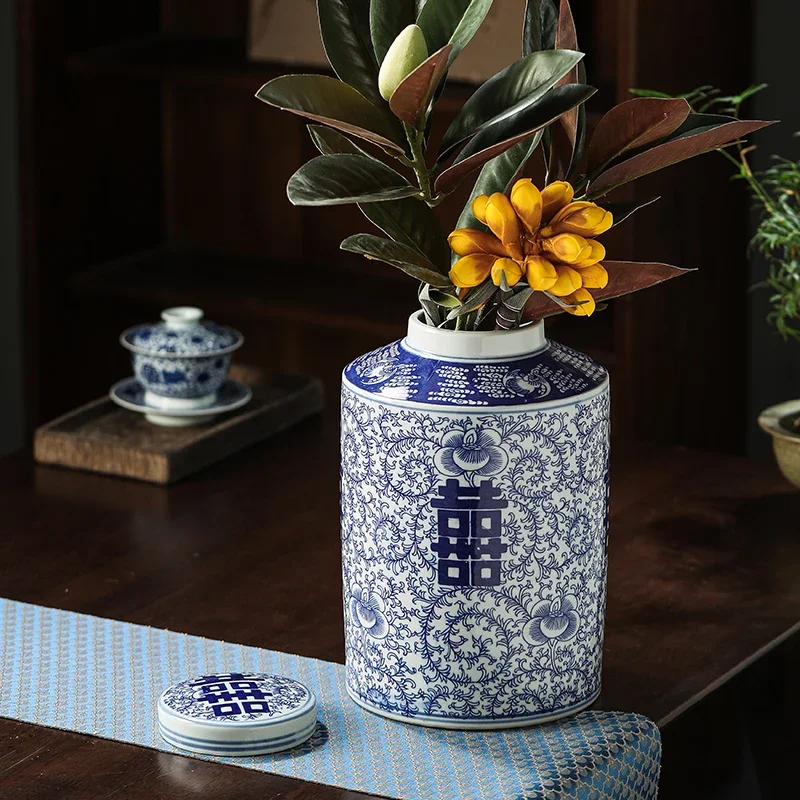 Cylindrical Basket Flower Winding Vase Ceramic Sealed Storage Jar Blue and White Porcelain Countertop Vase Decoration Jar Gifts