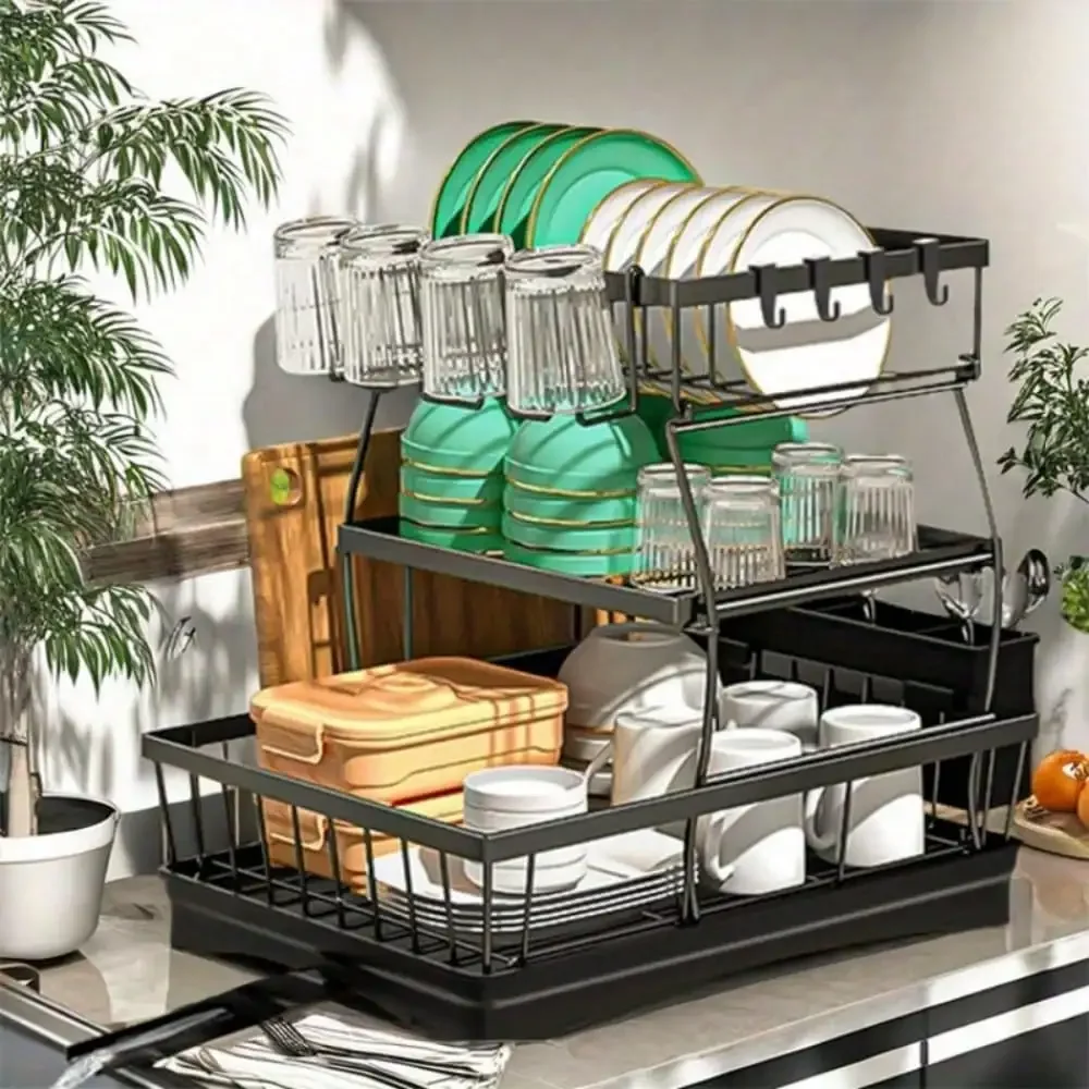 

Aoshet 3-Tier Stainless Steel Dish Drying Rack: Large Capacity w/Utensil Holder for Kitchen Counter (Black)