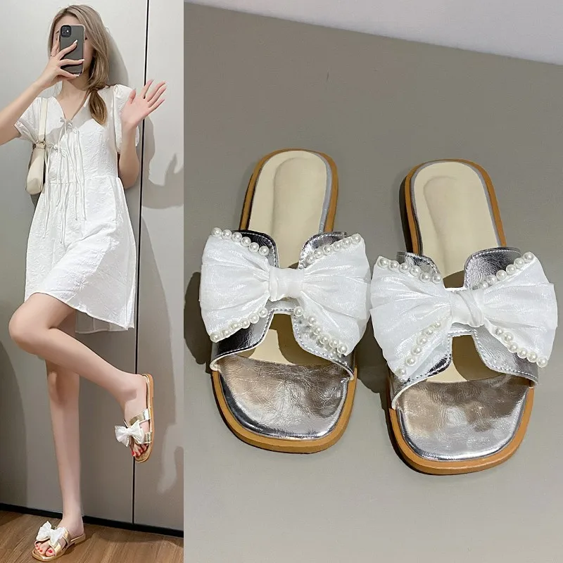 French haute couture square toe flat bottomed external slippers for women 2024 new summer bow versatile slippers for women