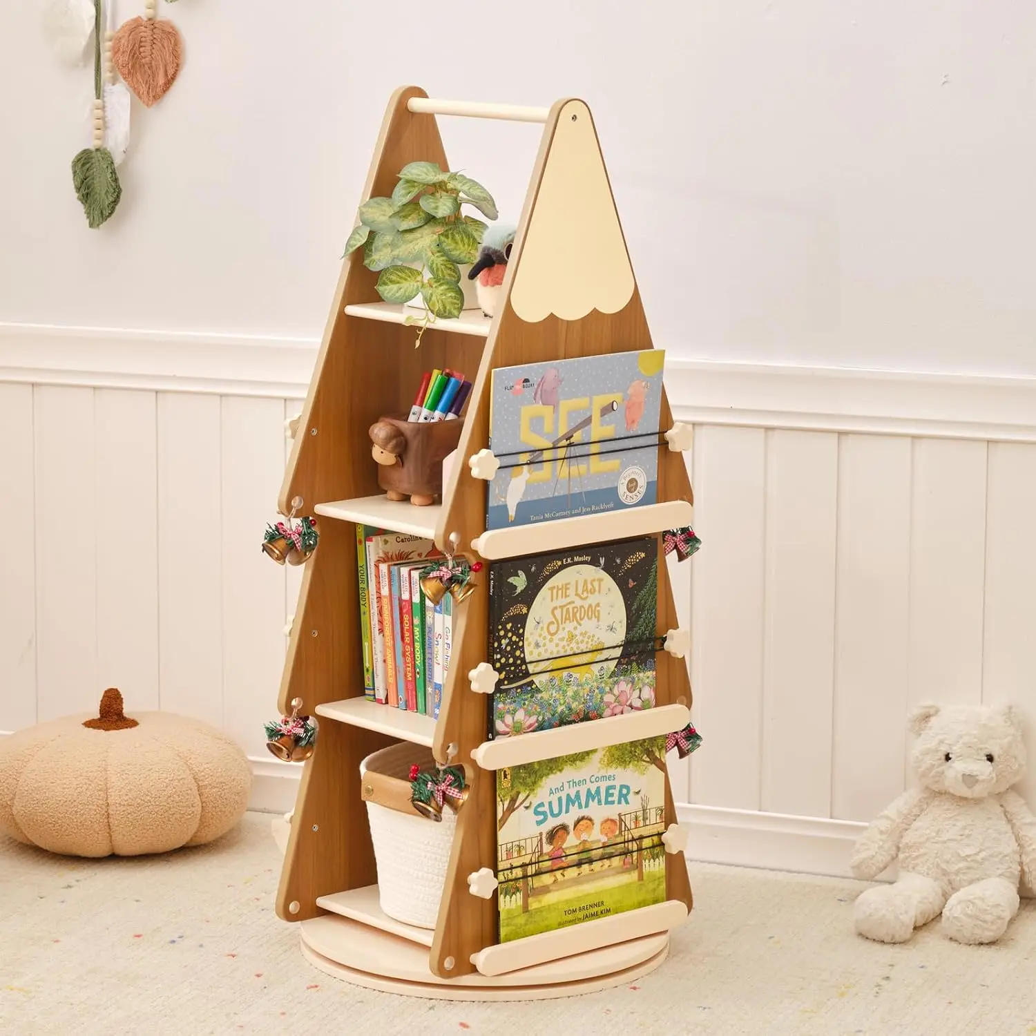 Four Tier 360 Rotating Solid Wood Spinning Bookshelf Tower Floor Standing Small Corner Bookcase Display Shelf Kids Rooms Classro