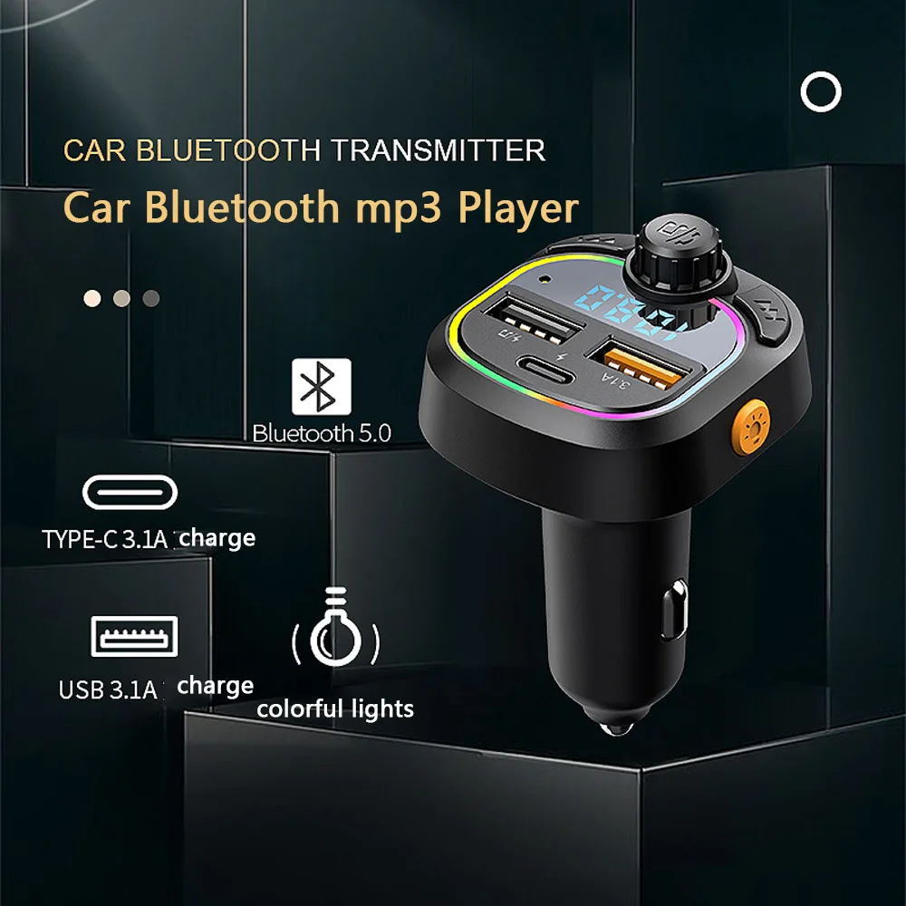 شاحن سيارة بلوتوث 5.0 FM الارسال PD Type-C المزدوج USB المحيطة لاعب شاحن MP3 Type-C الضوء اللاسلكي يدوي
