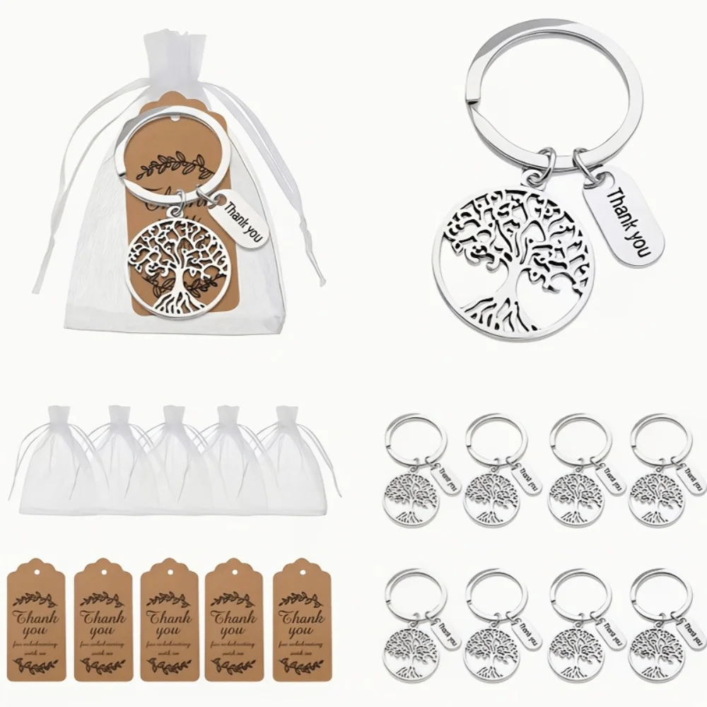 Tree of Life Keychain Thank You Gift Set Stainless Steel Key Ring with Organza Bag Card for Wedding Guest Party Favor Souvenir
