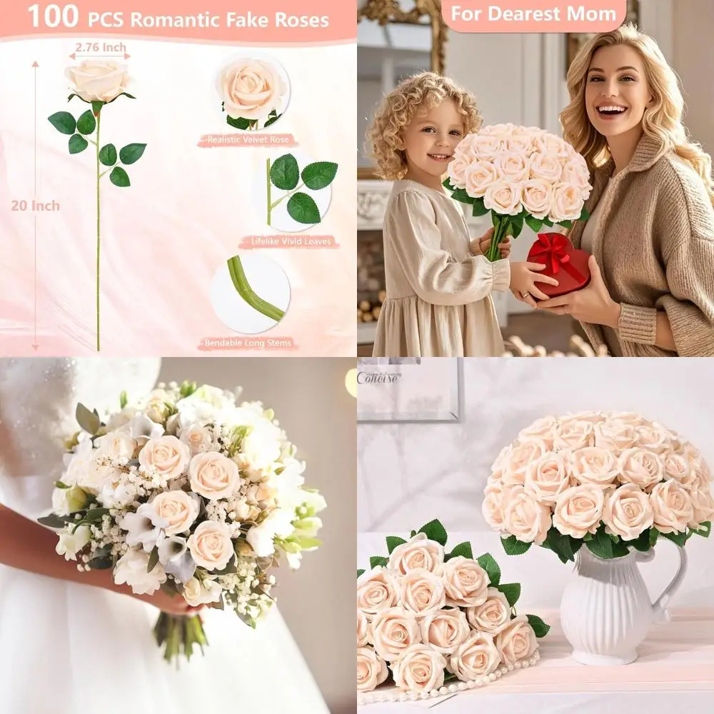 

100 Stems Champagne Velvet Artificial Roses, Premium Touch Fake Flowers for Valentine's Day, Weddings, and Decorations