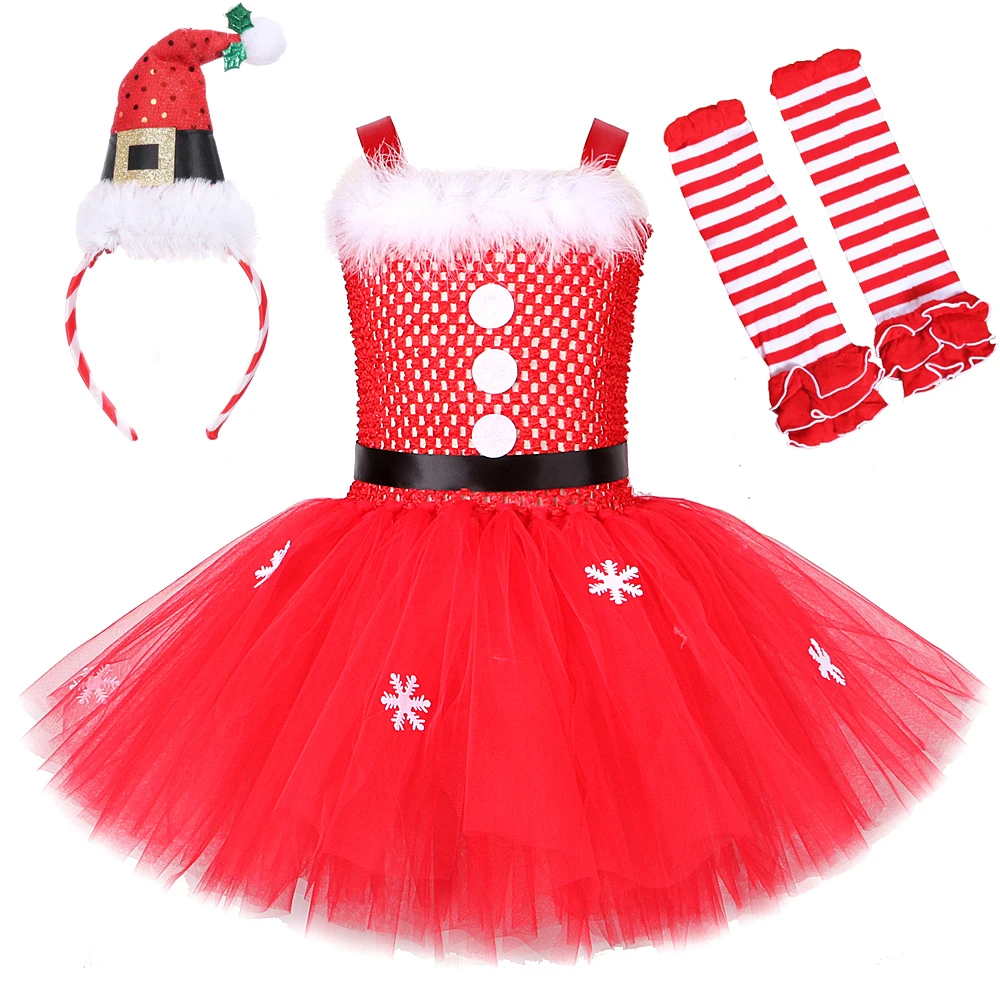 Red Santa Claus Costumes for Girls Christmas Tutu Dress for Kids New Year Carnival Fancy Outfit Children Xmas Party Clothes