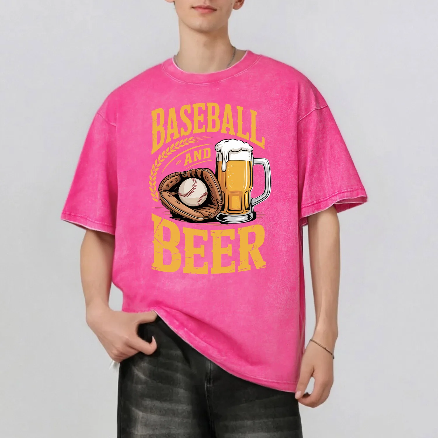 البيسبول والبيرة الجرافيك طباعة الأزياء الرجعية نمط غسلها تي شيرت عارضة قصيرة الأكمام 100٪ القطن للجنسين أعلى 230G