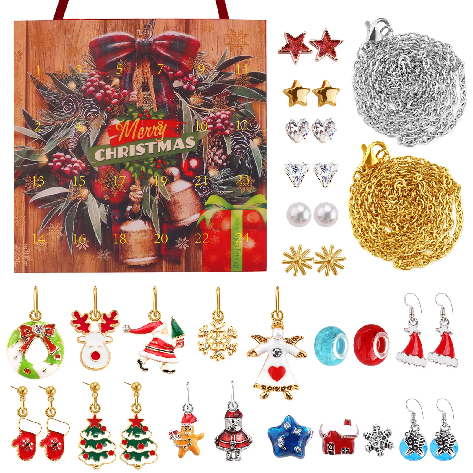 

Christmas Advent Countdown Calendar 24 Days DIY Necklace Earrings Studs Charms Pendants Jewelry Handbag Xmas Box Gifts Set