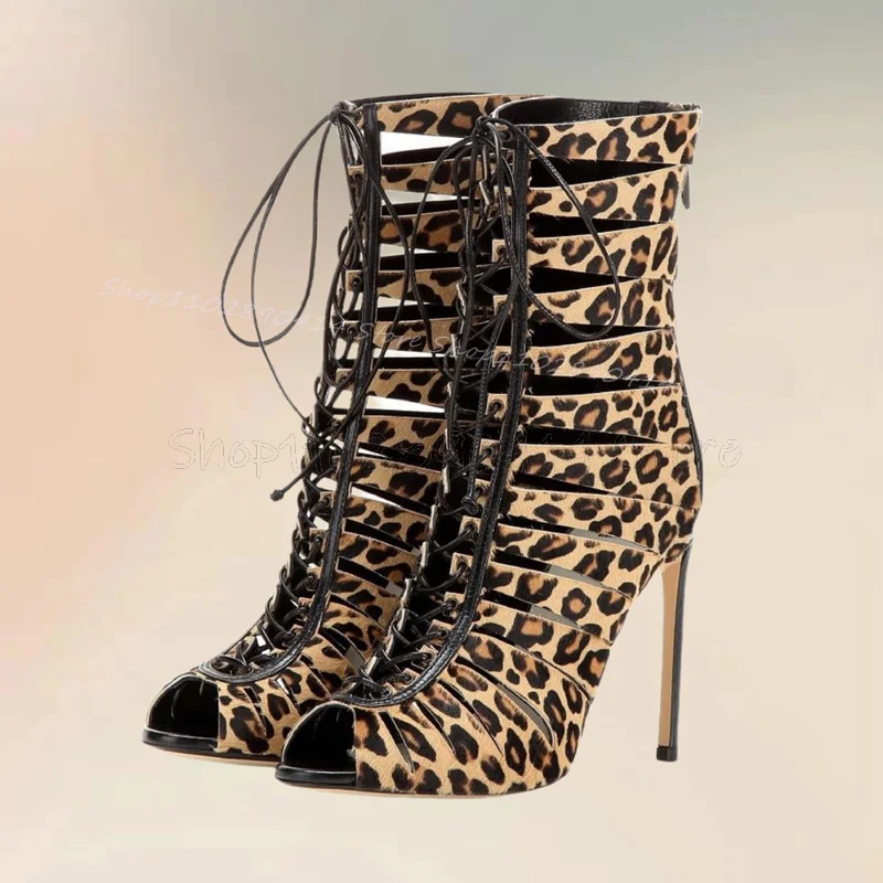 

Leopard Print Cross Tied Peep Toe Sandals Boots Back Zipper Women Shoes Thin High Heels Fashion Party 2024 Zapatos Para Mujere