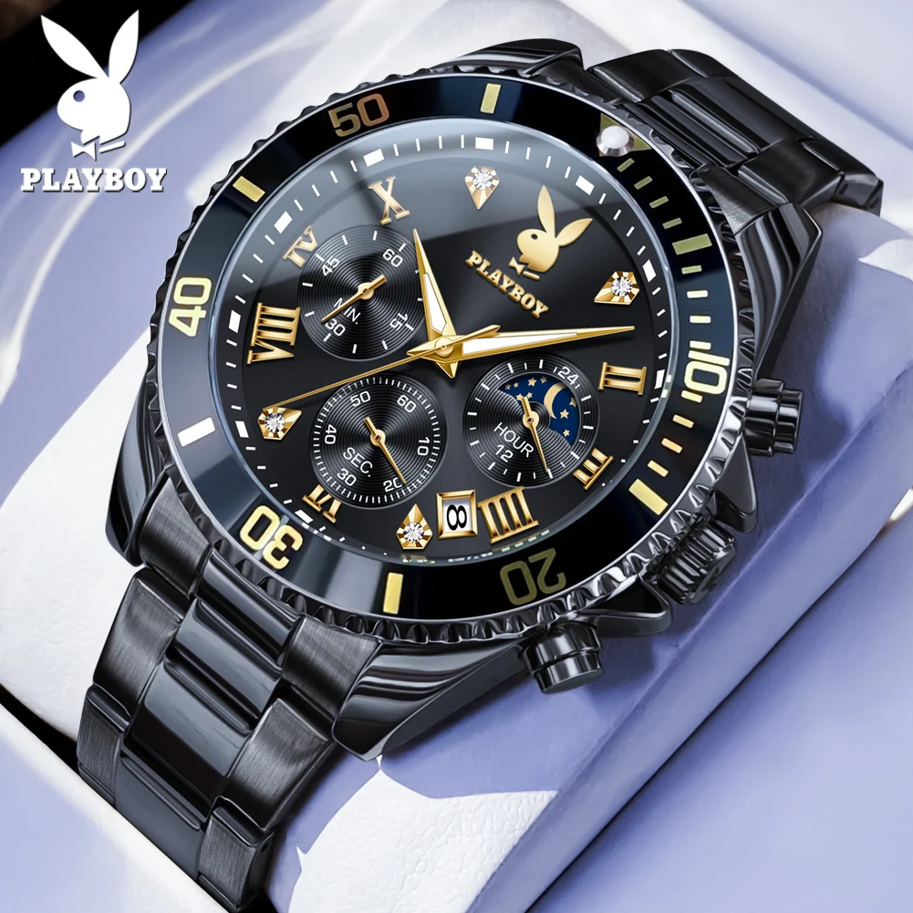 

Мужские кварцевые часы PLAYBOY 3506 с 24-часовым отображением фаз луны, хронографом, водонепроницаемостью и светящимися стрелками