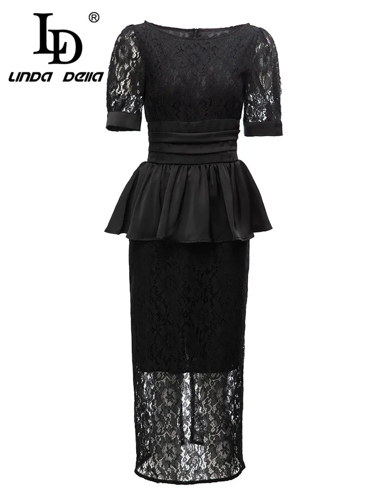 

LD LINDA DELLA Summer Vintage Travel Dress Women Black Lace Short Sleeve High Waist Splice Crumple Transparent Slim Fit Dress