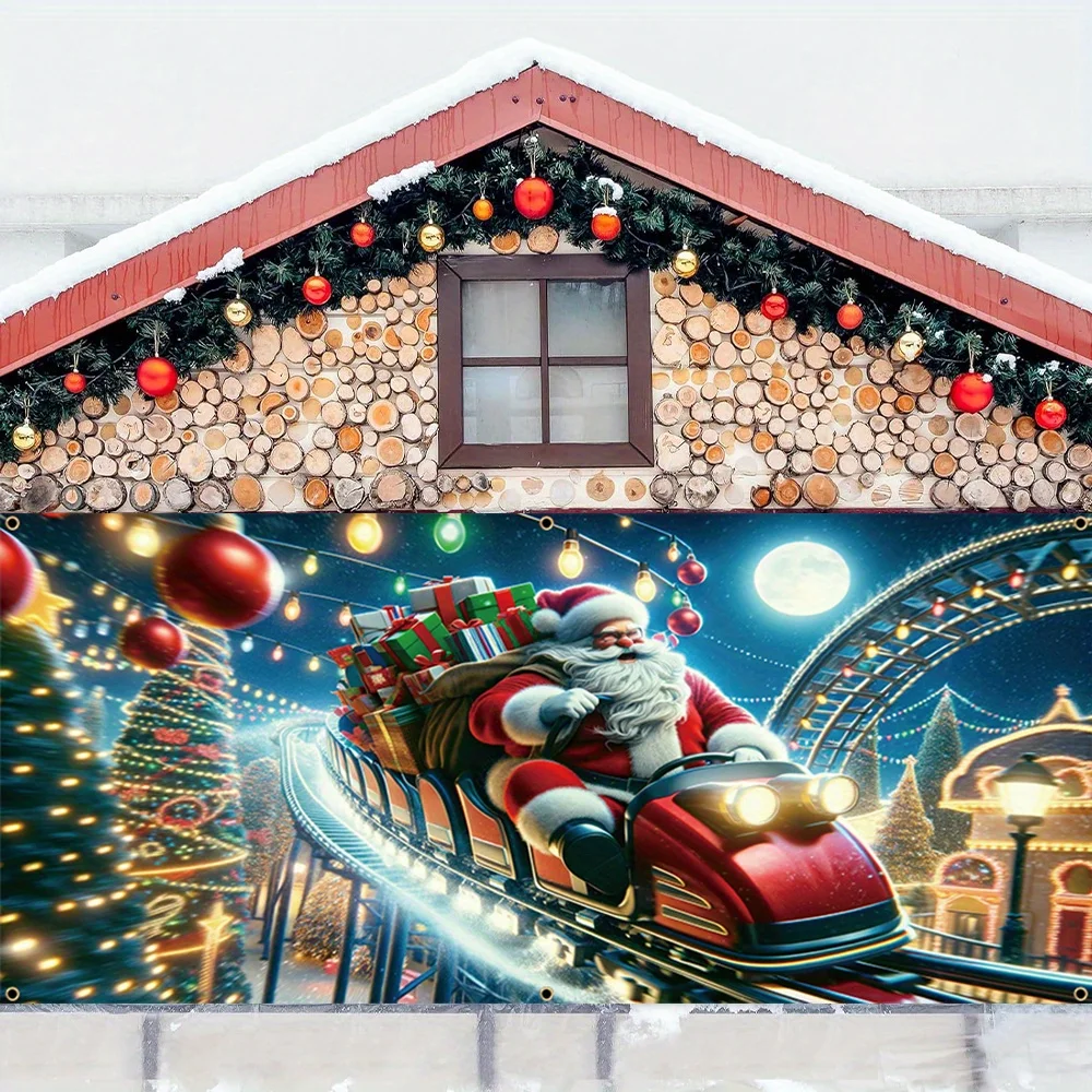 لوحة باب ثنائية الأبعاد قطعة واحدة من لوحة باب جراج عيد الميلاد من البوليستر الاحتفالي - سانتا كلوز على تصميم دائري، ديكور احتفالي