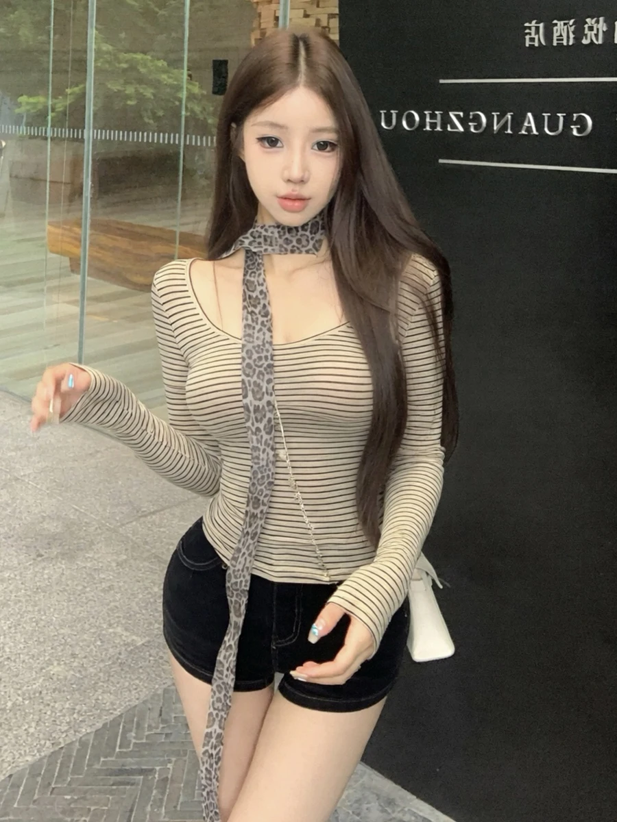 Autumnal Versatile Long Sleeve T-Shirt Women's Skin-friendly Striped Innerwear Outerwear Casual Loose Fit U-neck Top
