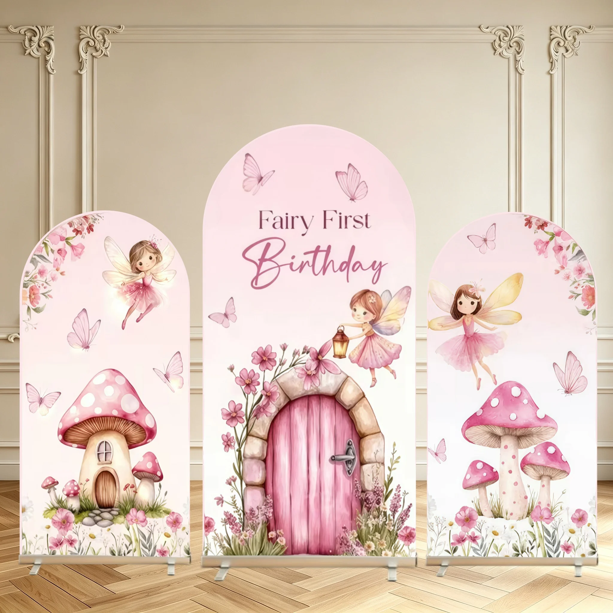 Fairy Girl 1st Birthday Arch Backdrop Cover Pink Fairy Mushroom Floral Baby Shower Party Double Sided Arch Cover Background