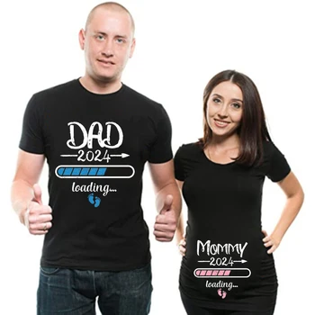 2024 Nieuwe Schattige Vader + Moeder + Baby Bedrukt Paar Zwangerschaps-T-Shirt Zwangerschap Aankondiging Shirt Paar Zwangere T-Shirt Kleding