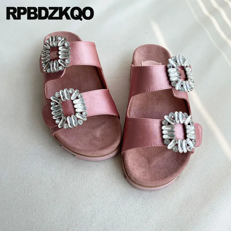 Sandals Slipper Jewel Diamond Rhinestone Slides Famous Brand Flat Crystal Burgundy Satin Designer Shoes Women Luxury 2021 Silver