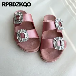 Sandals Slipper Jewel Diamond Rhinestone Slides Famous Brand Flat Crystal Burgundy Satin Designer Shoes Women Luxury 2021 Silver