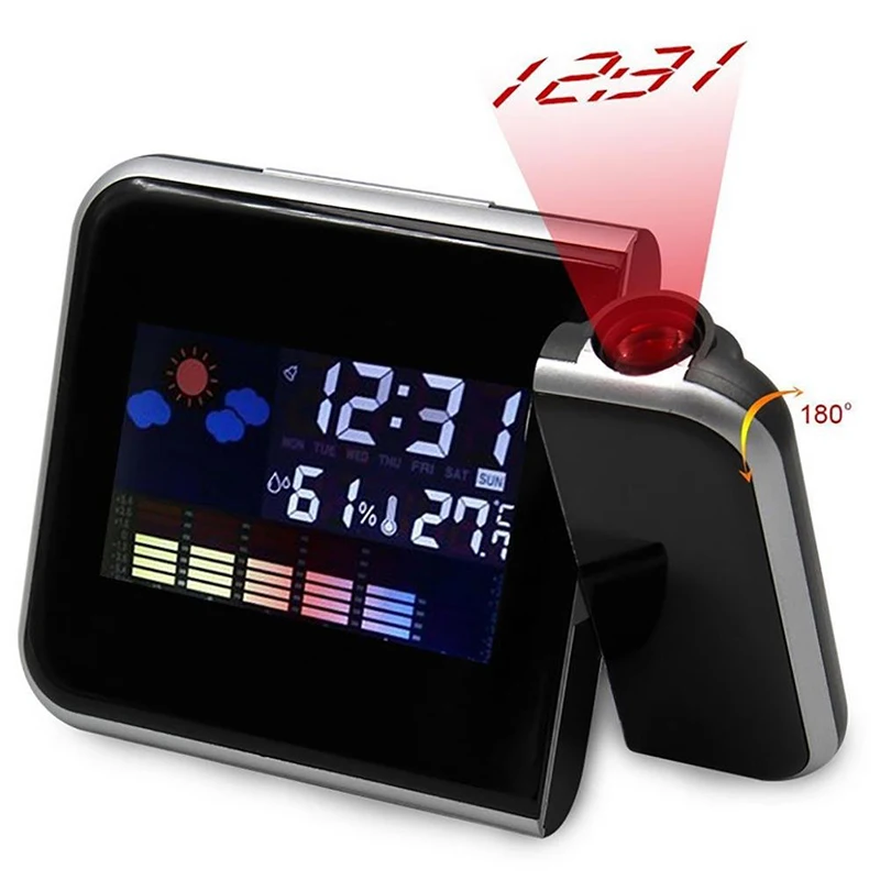 Home Digital LED Display Clock 180° Time Projection Alarm Clock Snooze Function Weather Temperature Humidity USB Table Clock