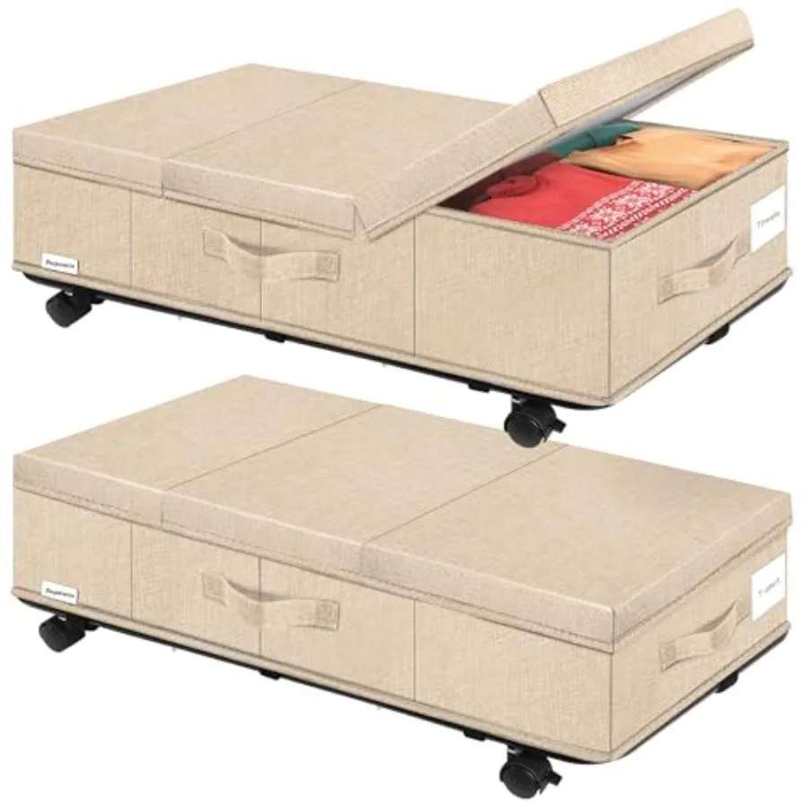 

Under Bed Storage with Wheels, Rolling Underbed Storage Containers with Lids, Under Bed Shoe Storage Bins Organizer with Reinfo