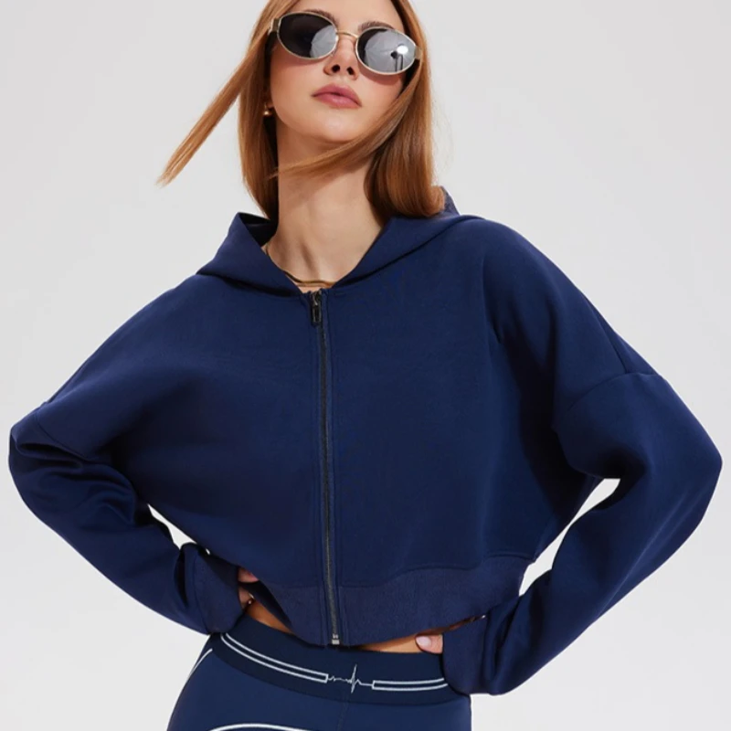 autumn women's loose sports jacket zipper hooded sweater outdoor casual running yoga long sleeve sports fitness short jacket