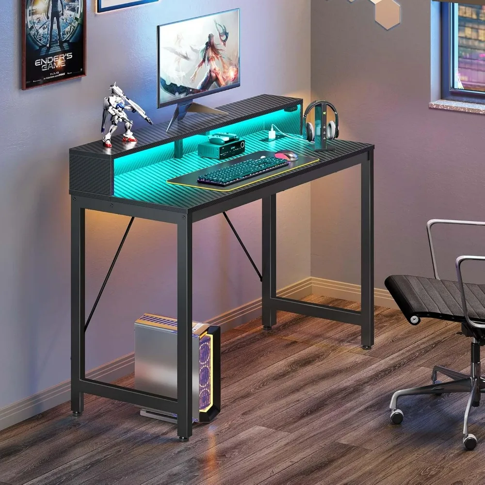 55 inch with LED Lights & Power Outlets, Home Office Desk with Monitor Shelf, Gaming Desk, Writing Desk