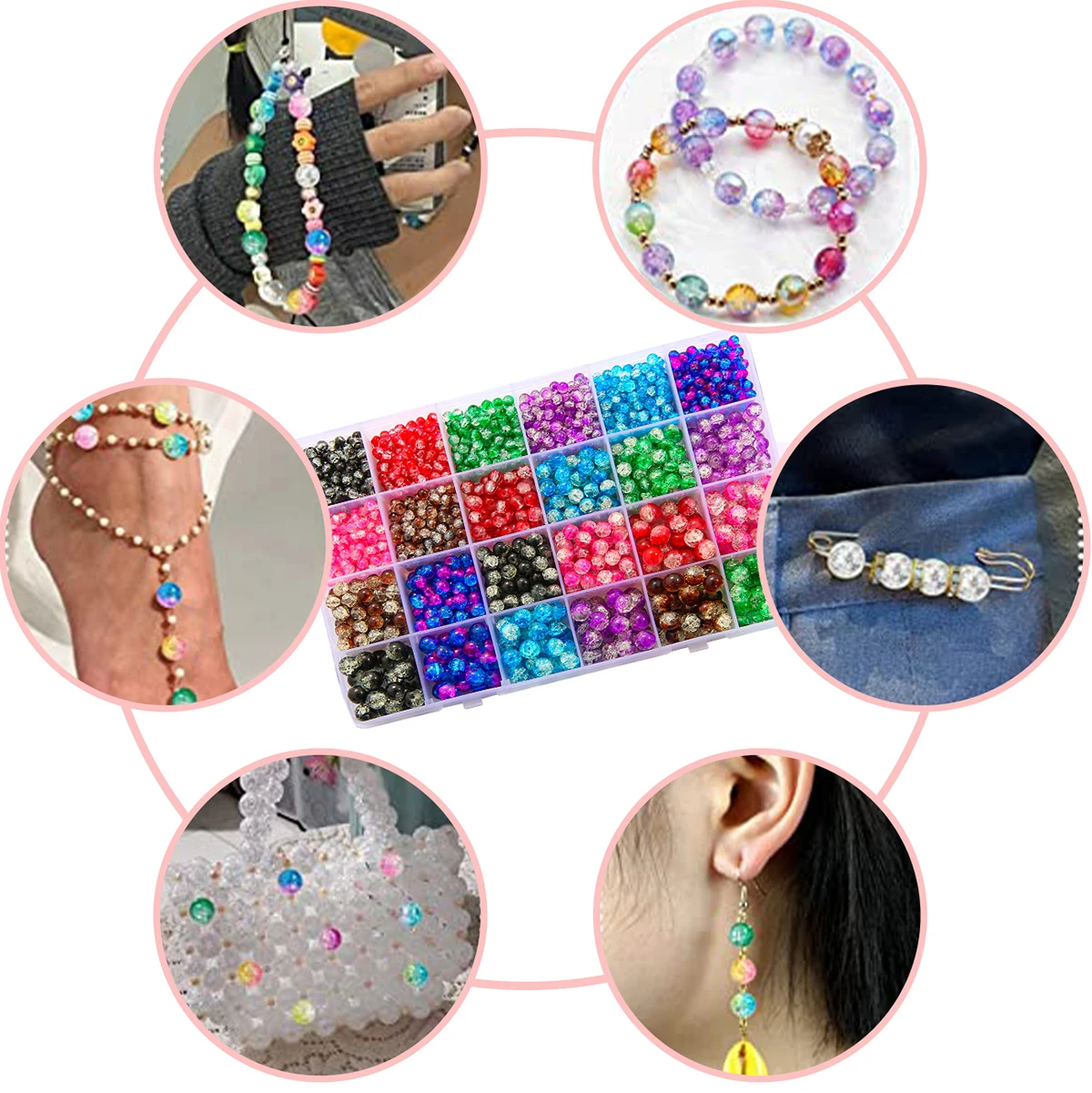 4/6/8mm 24 Grid Glass Inner Broken Bead Set Box With Unique Loose Beads, Handmade DIY Production, Jewelry Headpiece Accessory Ma