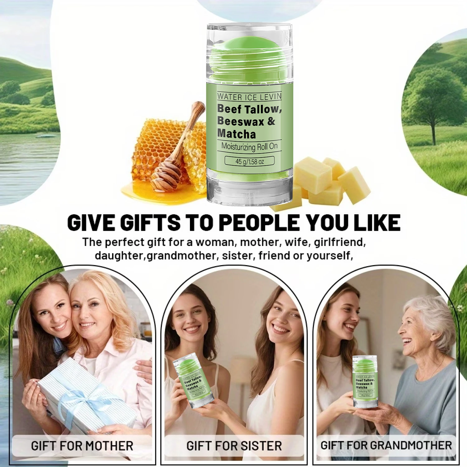 Collagen Infused Matcha Tallow Balm, Beef Tallow & Beeswax Moisturizing Roll On Treatment