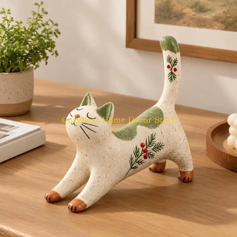 92MF Forest-Themed Christmas Cats Figure with a Single Molded Form and Seasonal Plant Motifs for Shelf or Desk Display