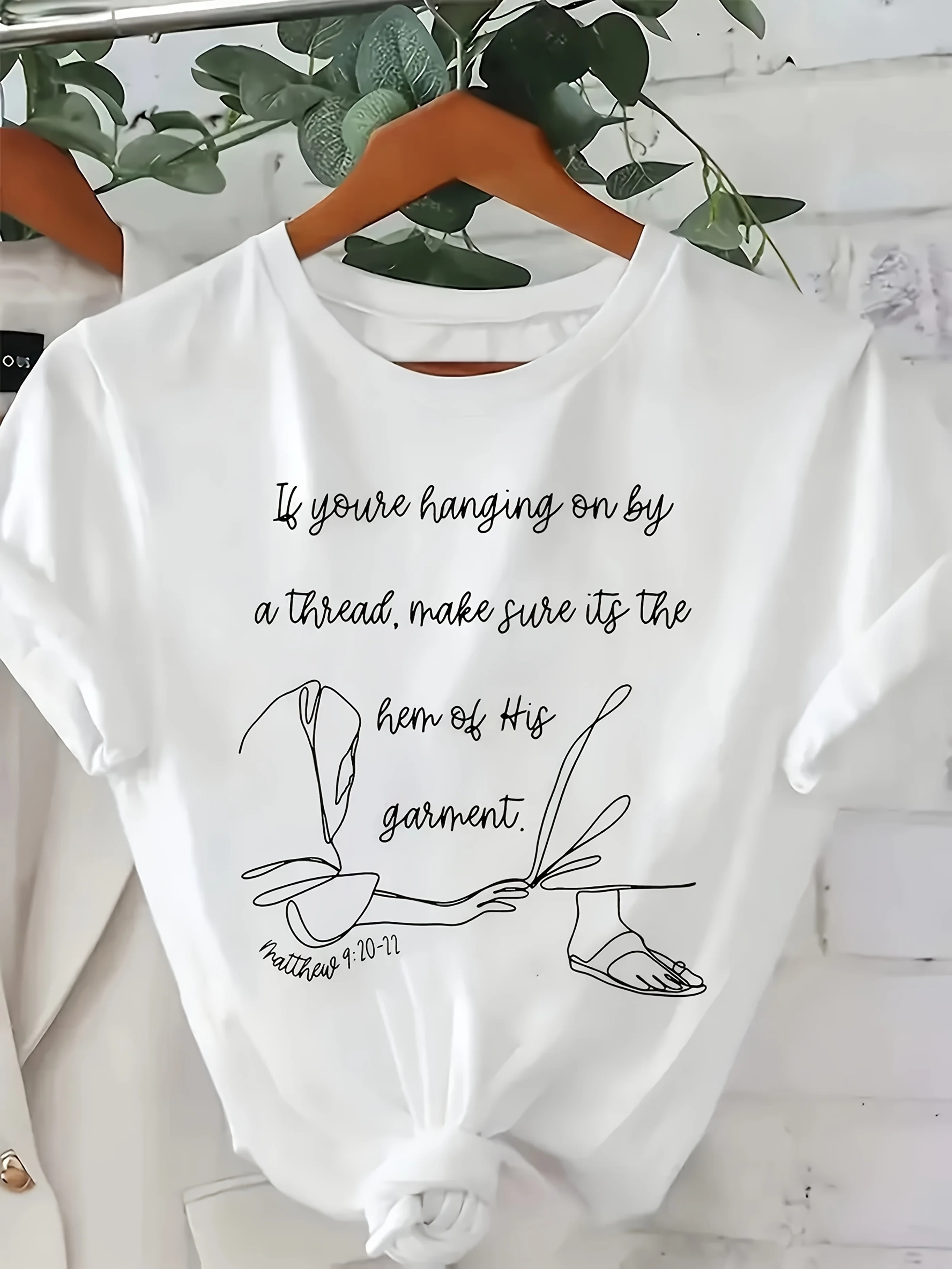 

Women's Inspirational Christian Faith T-Shirt - 100%, Crew Neck, Short Sleeve with "Hang on a Thread" Quote