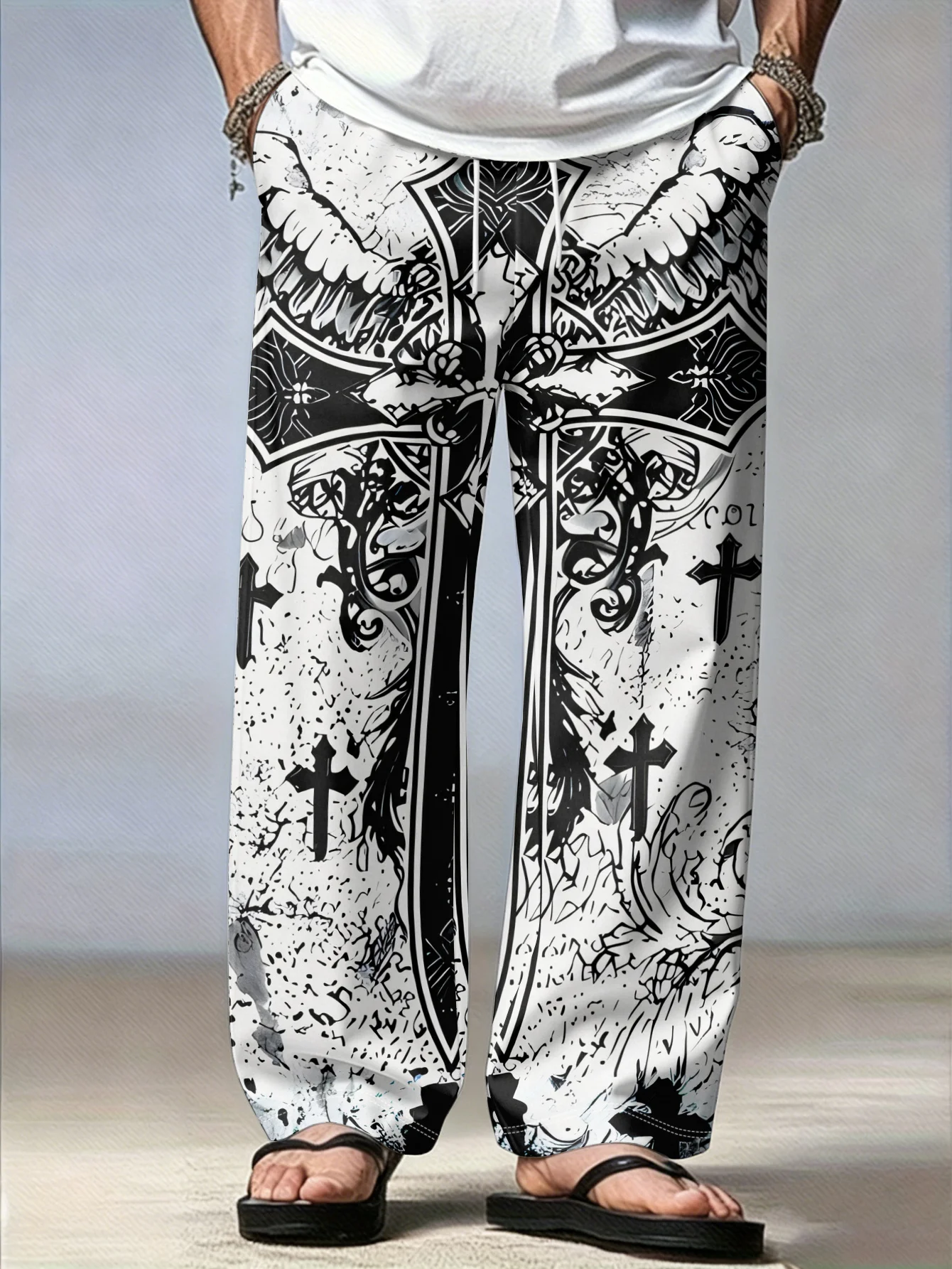 Unisex Straight-Leg Jogginghose mit Gothic-Kreuz-Tribal-Print, Y2K Punk Hip Hop Streetwear, Alltags-Outdoor-Modehose – Detail 9