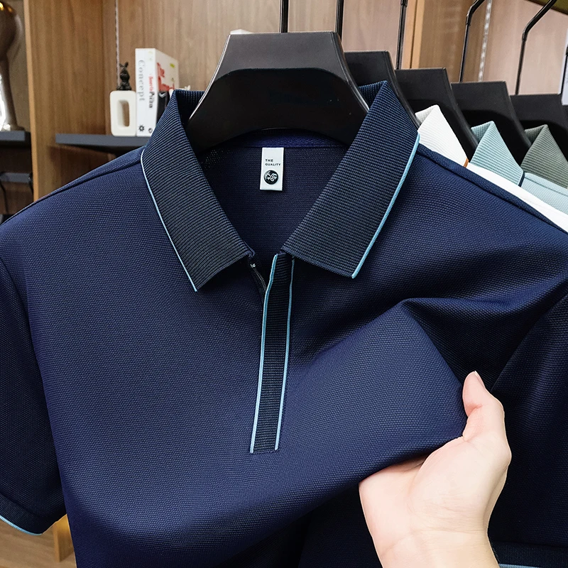 Luxury fashion men's short sleeve polo shirt summer new solid color business casual ice silk breathable high-end comfort T-shirt