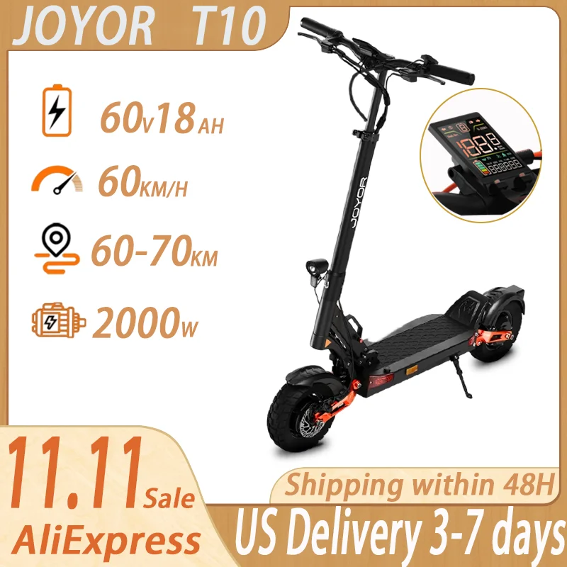 JOYOR T10 Neuer Elektroroller für Erwachsene, 1000 W x 2 Motor, 60 V, 18 Ah Batterie, Off-Road-Escooter, 10 Zoll Off-Road-Reifen, faltbarer E-Scooter