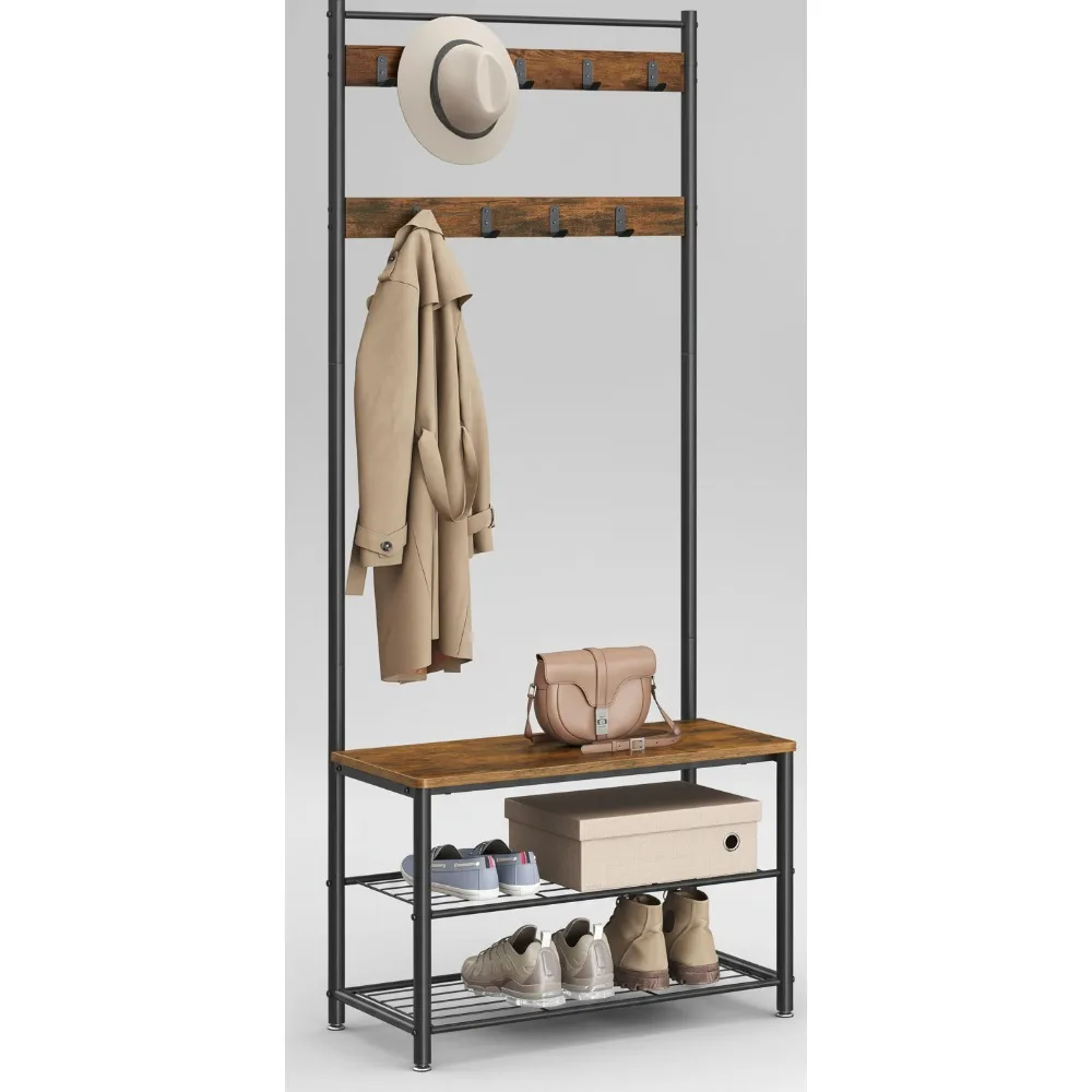 

Дерево для прихожей 3-в-1 с вешалкой для одежды, скамейкой для хранения обуви, стальным каркасом, промышленным деревенским коричневым и черным цветом