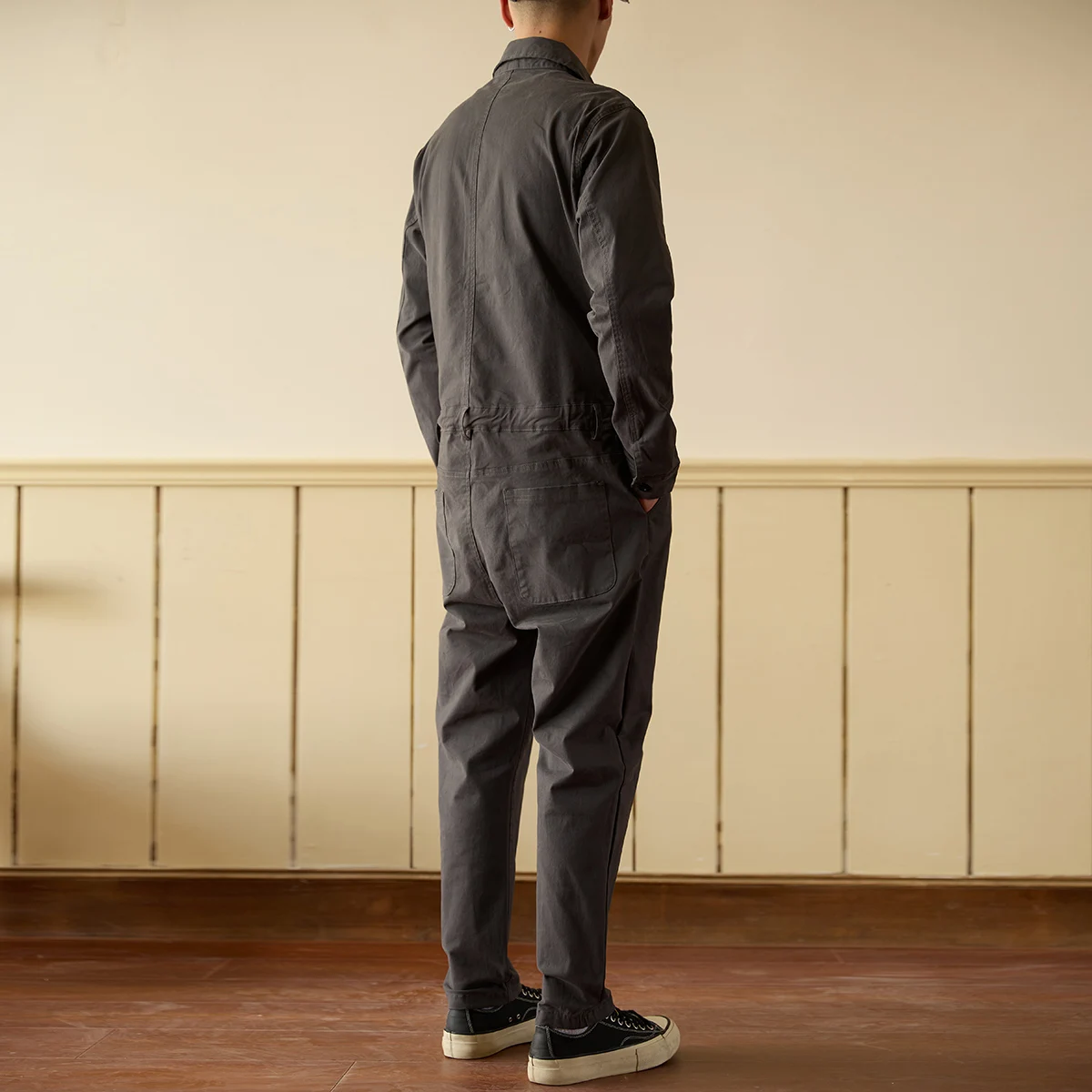 Men's Gray Casual Jumpsuits Long Sleeve Lapel Collar Adjustable Waist Overalls with Pockets Workwear Coveralls
