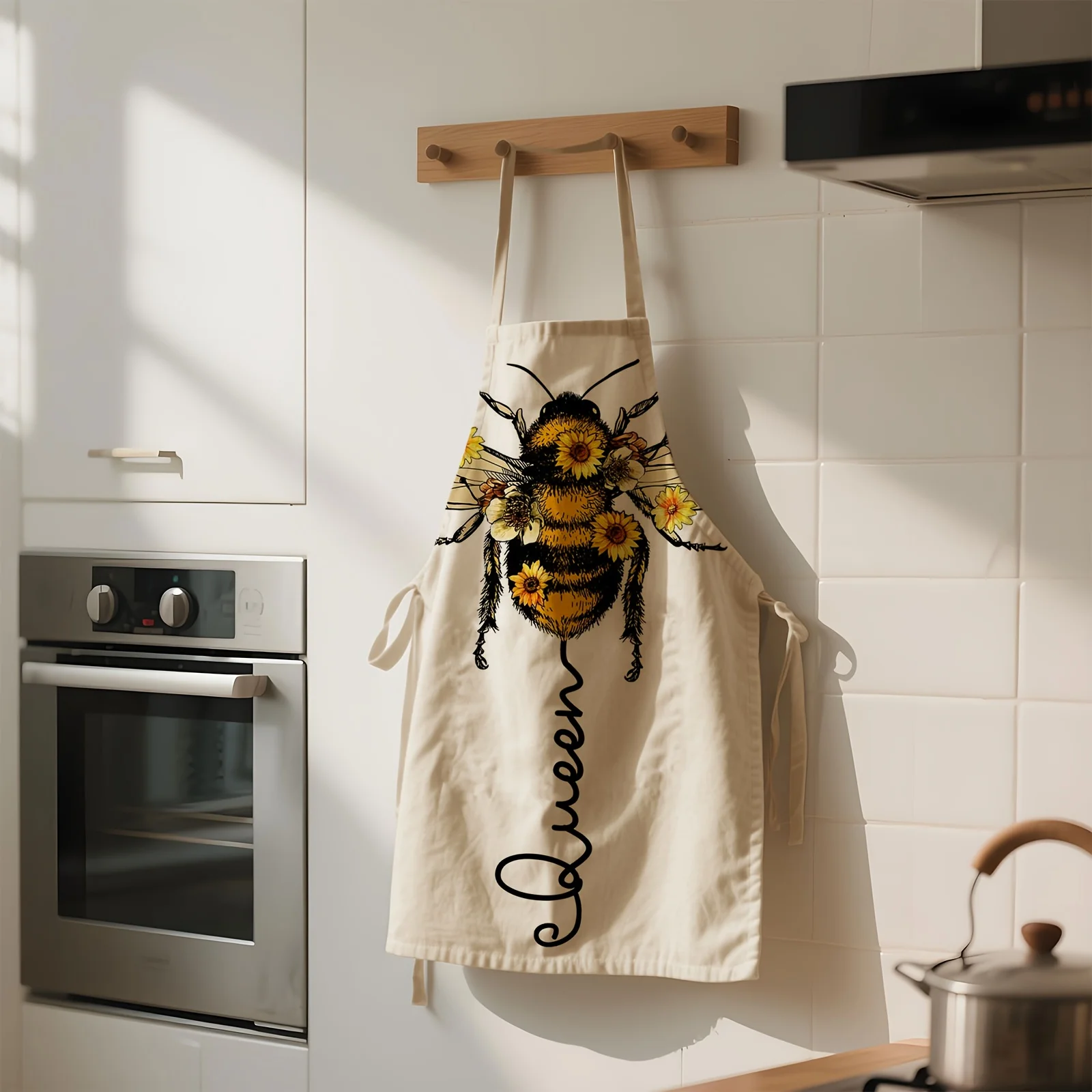 Cute Bee Queen Apron Women Garden Kitchen Baking Cooking Party Linen Cotton Pinafore With Pockets Floral Insect Print For Girls