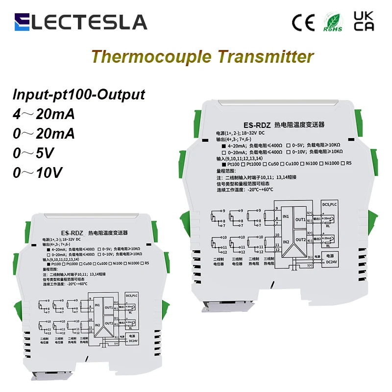 

Temperature Transmitter PT100 pt1000 Type RTD -200 to 850°C 0-10v 0-5v 4-20mA Output Isolated Temperature Transducer 24v