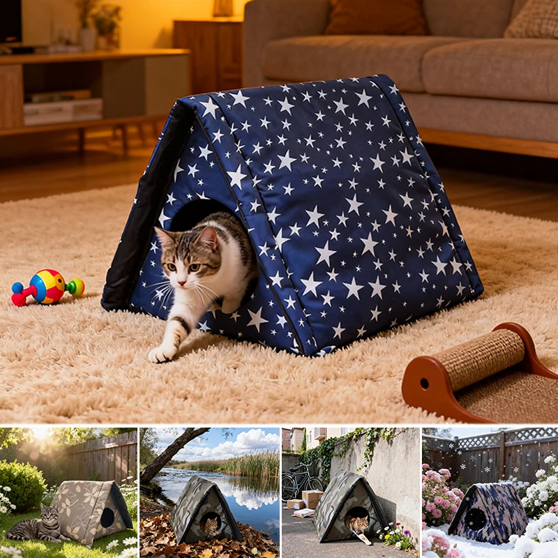 

Four Seasons Outdoor Cat Shelter Waterproof Oxford Fabric Triangle Tent Removable Washable Mat Stray Pet Warm House Winter Proof