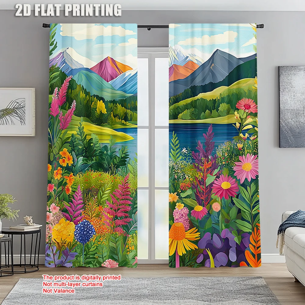 

2pc, Window Curtains Forest Lake Machine Washable Polyester,Without Electricity Versatile for Classroom, Office