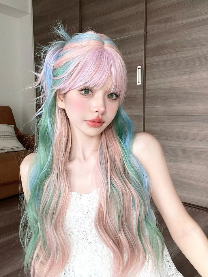 New beautiful Lolita cosplay bangs Wavy Curly Pastel Rainbow 28\