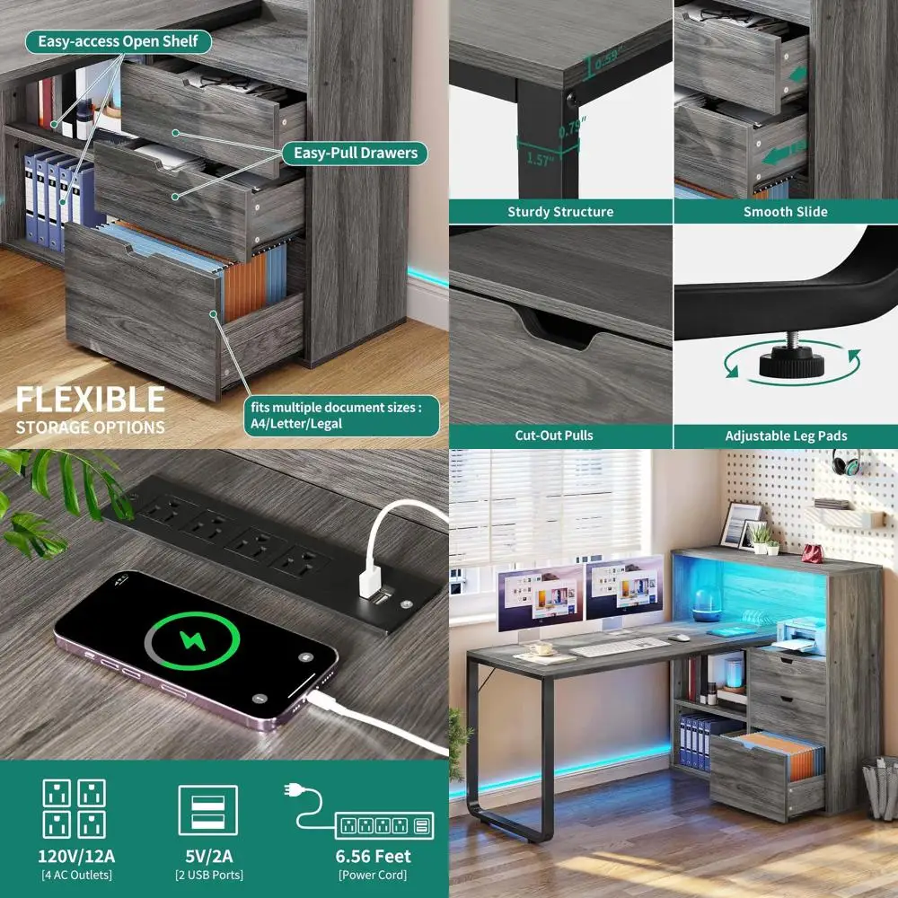 

55 Grey L-Shaped Desk with Power Outlets, LED Lights, File Cabinet, 3 Drawers & 3 Shelves for Home Office