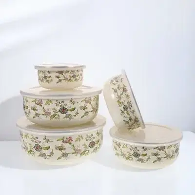 

5pcs Enamel Bowls Fresh Keeping Fruit Salad Storage Mixing Serving Bowls With Lids Set Thick Bottom Multi Size Kitchen Utensils